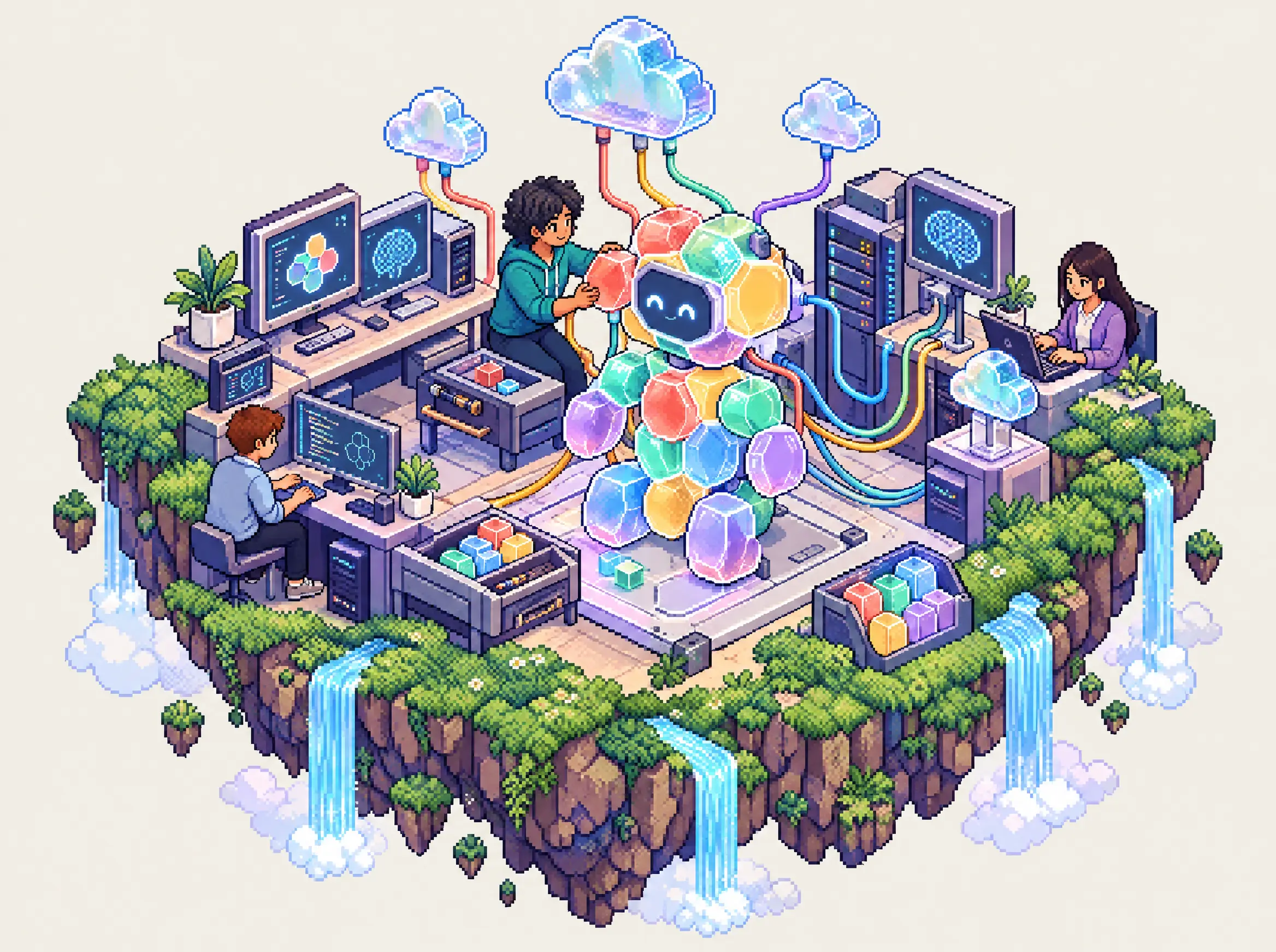Pixel-art workshop where an engineer assembles an AI agent from interlocking glass hexagons wired to computers