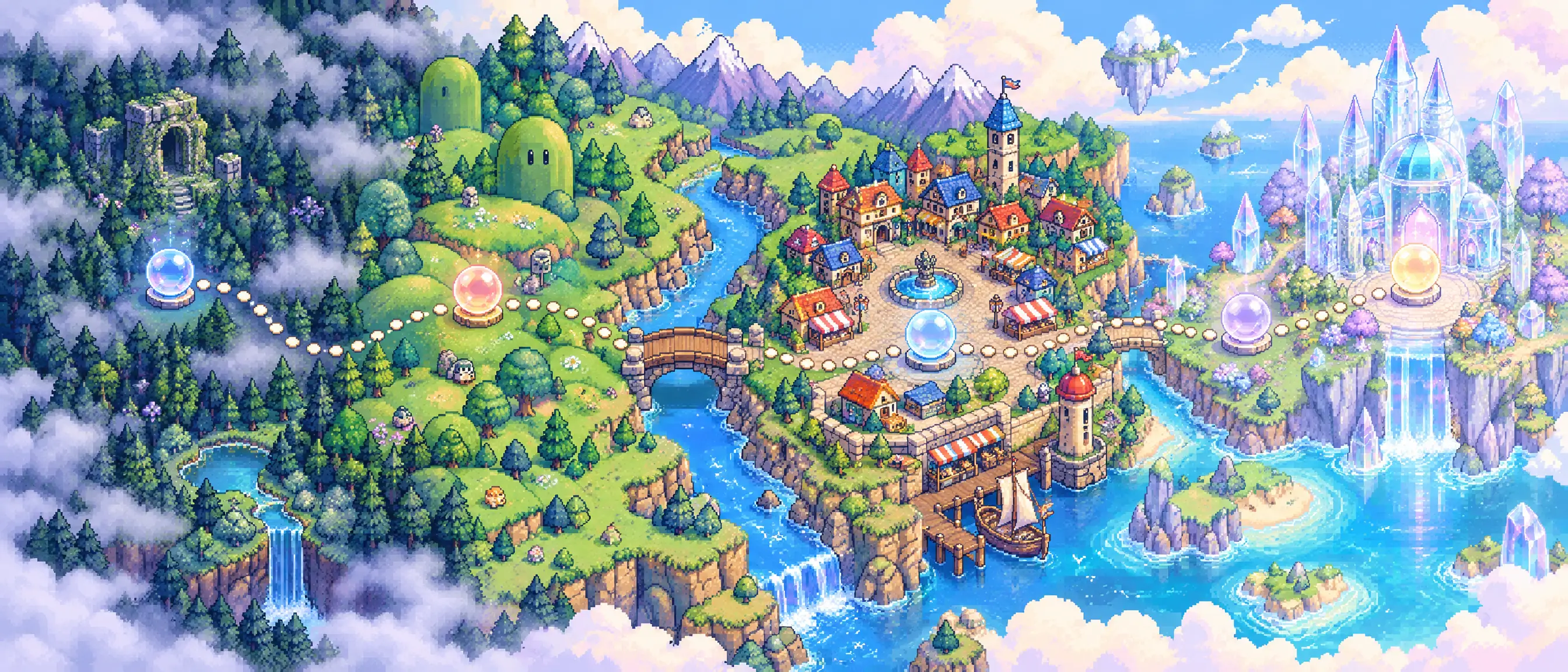Pixel-art overworld map with a dotted path linking five glowing level orbs from a forest to a crystal castle